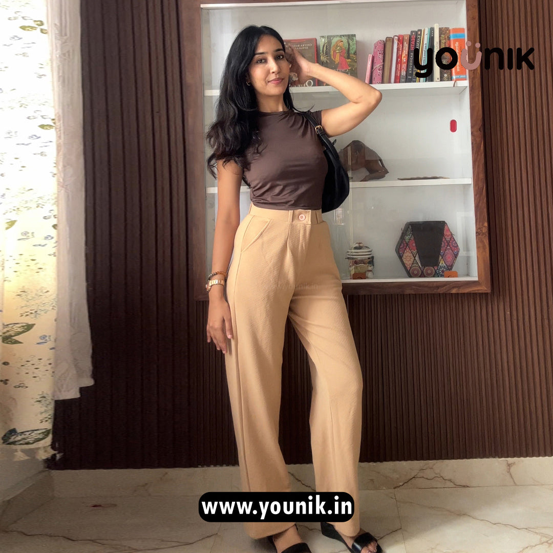 Elegant Beige High-Waist Straight Trousers