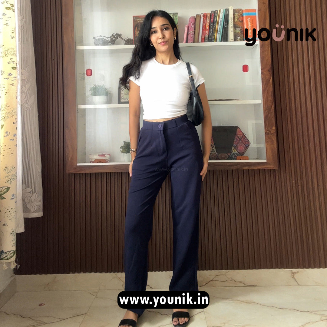Classic Navy Blue High-Waist Formal Trousers