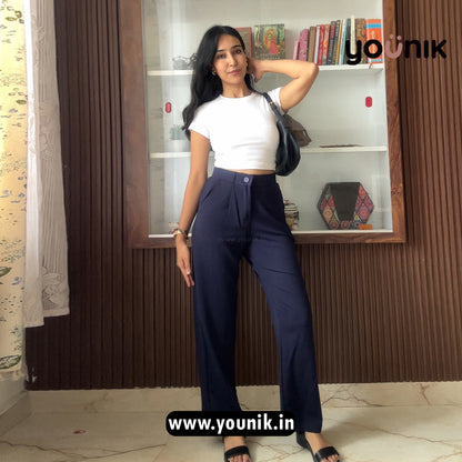 Classic Navy Blue High-Waist Formal Trousers
