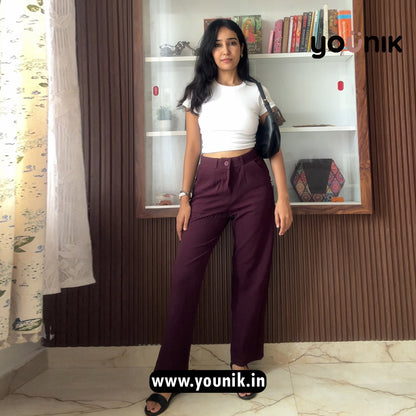 Wine Solid High-Waist Formal Trousers