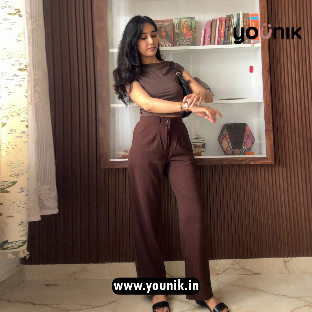 Chocolate Brown High-Waist Formal Trousers