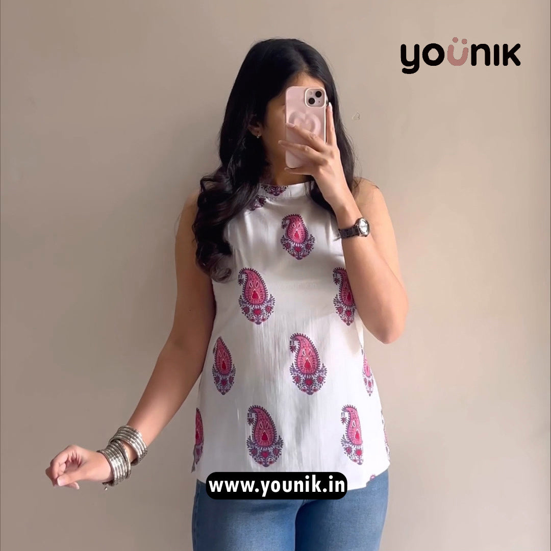 White And Pink Paisley Printed Halter Neck Short Kurti