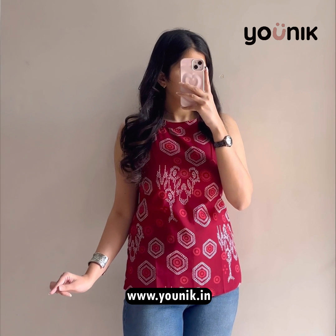 Maroon Geometric Printed Halter Neck Short Kurtis