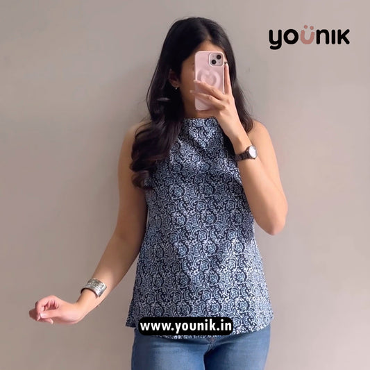 Navy Blue All Over Printed Pure Cotton Halter Neck Short Kurti