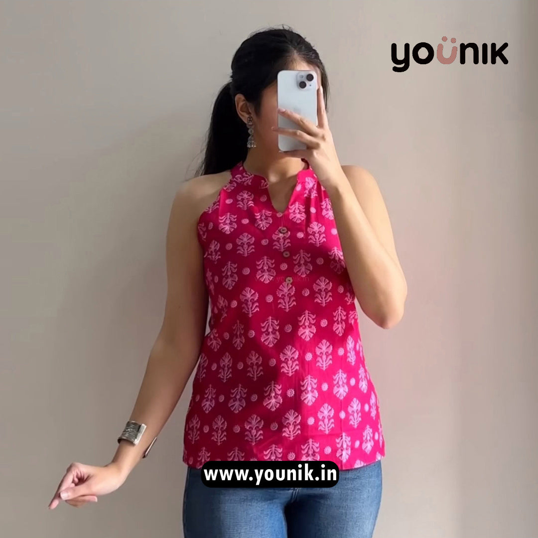 Pink Floral Printed Halter Neck Short Kurti