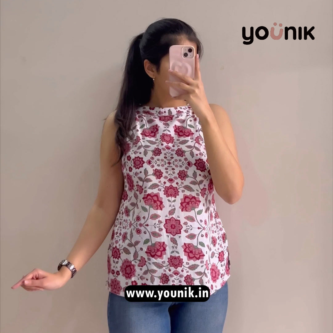 White And Pink Floral Printed Halter Neck Short Kurti