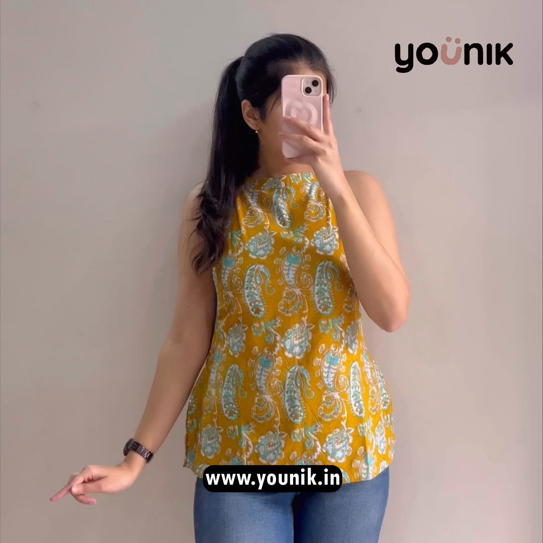 Mustard Paisley Printed Halter Neck Pure Cotton Short Kurti