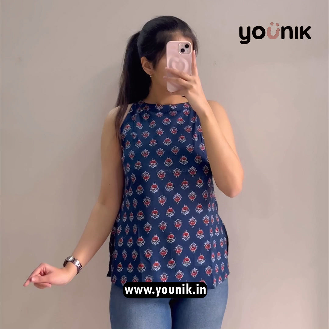 Navy Blue Ethnic Printed Halter Neck Short Kurti