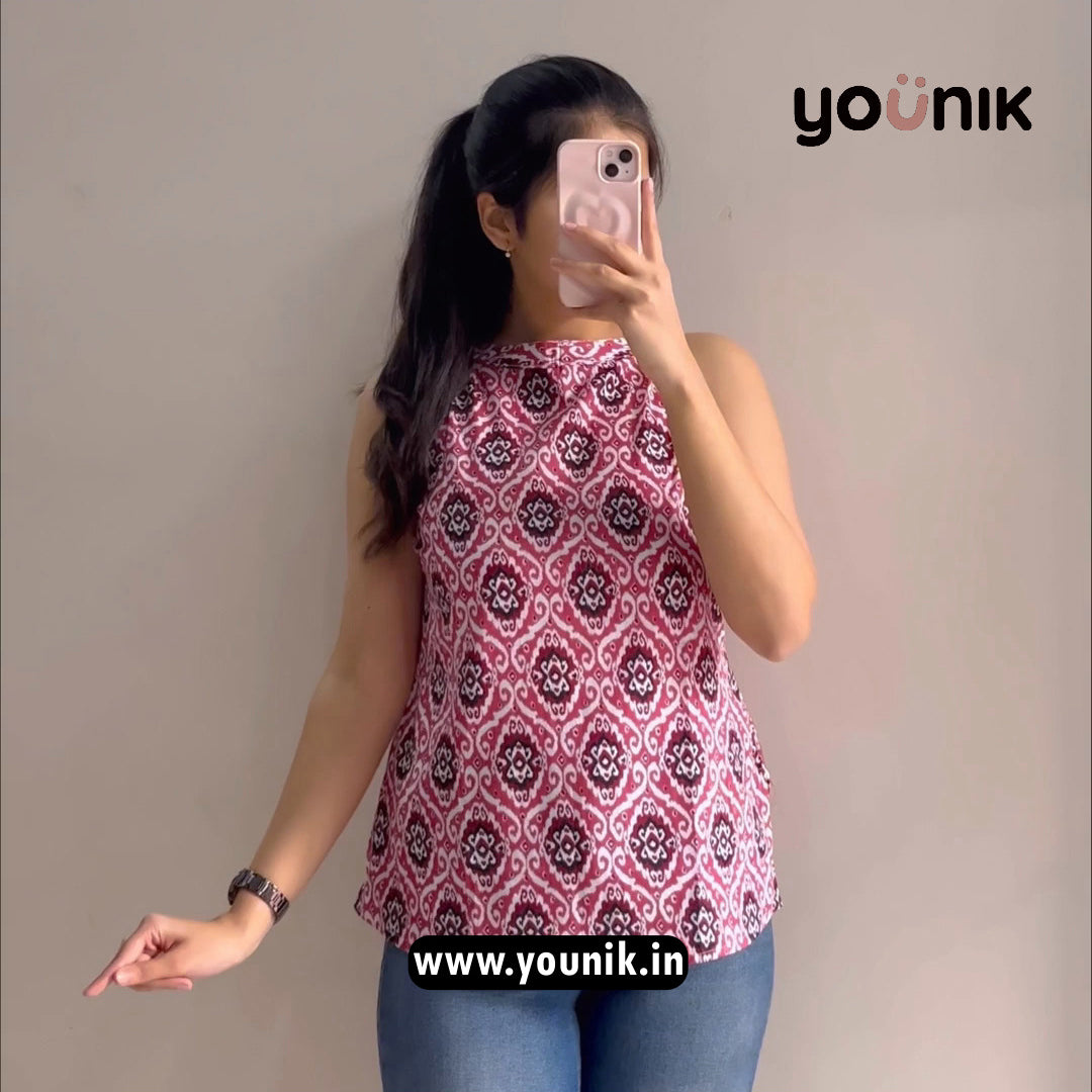 Pink Ikat Printed Halter Neck Pure Cotton Short Kurti
