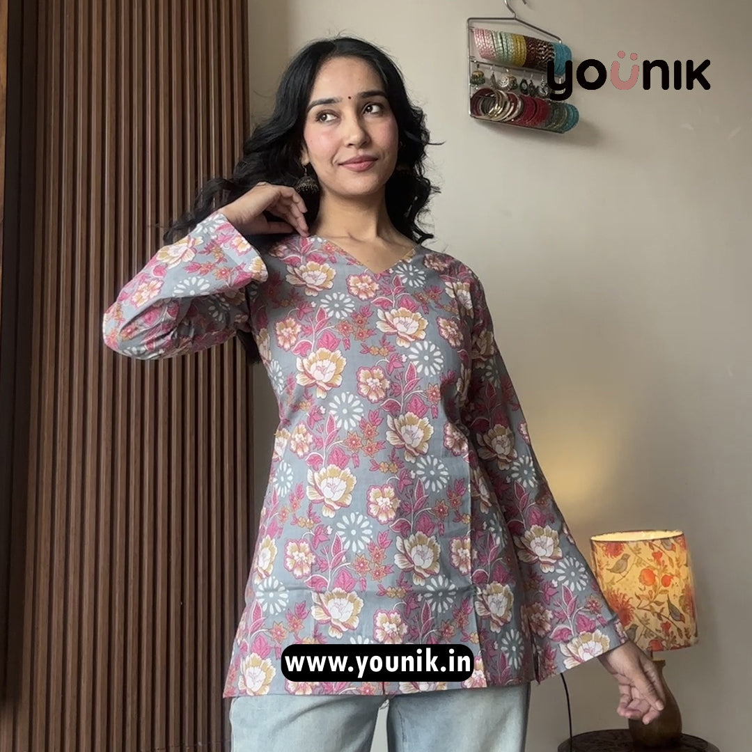 Gray And Purple Floral Printed Corset Back Pure Cotton Short Kurti
