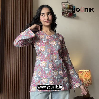 Gray And Purple Floral Printed Corset Back Pure Cotton Short Kurti