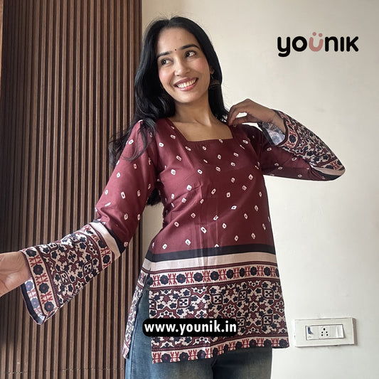 Brown Bandhani Printed Corset Back Bell Sleeve Short Kurti
