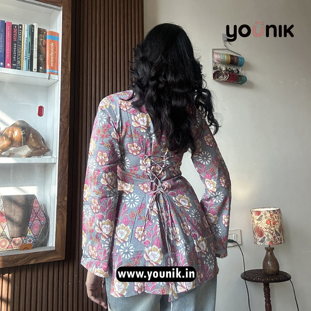 Gray And Purple Floral Printed Corset Back Pure Cotton Short Kurti