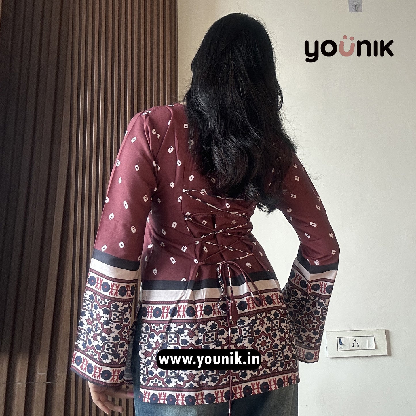 Brown Bandhani Printed Corset Back Bell Sleeve Short Kurti