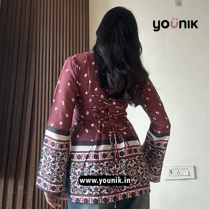 Brown Bandhani Printed Corset Back Bell Sleeve Short Kurti