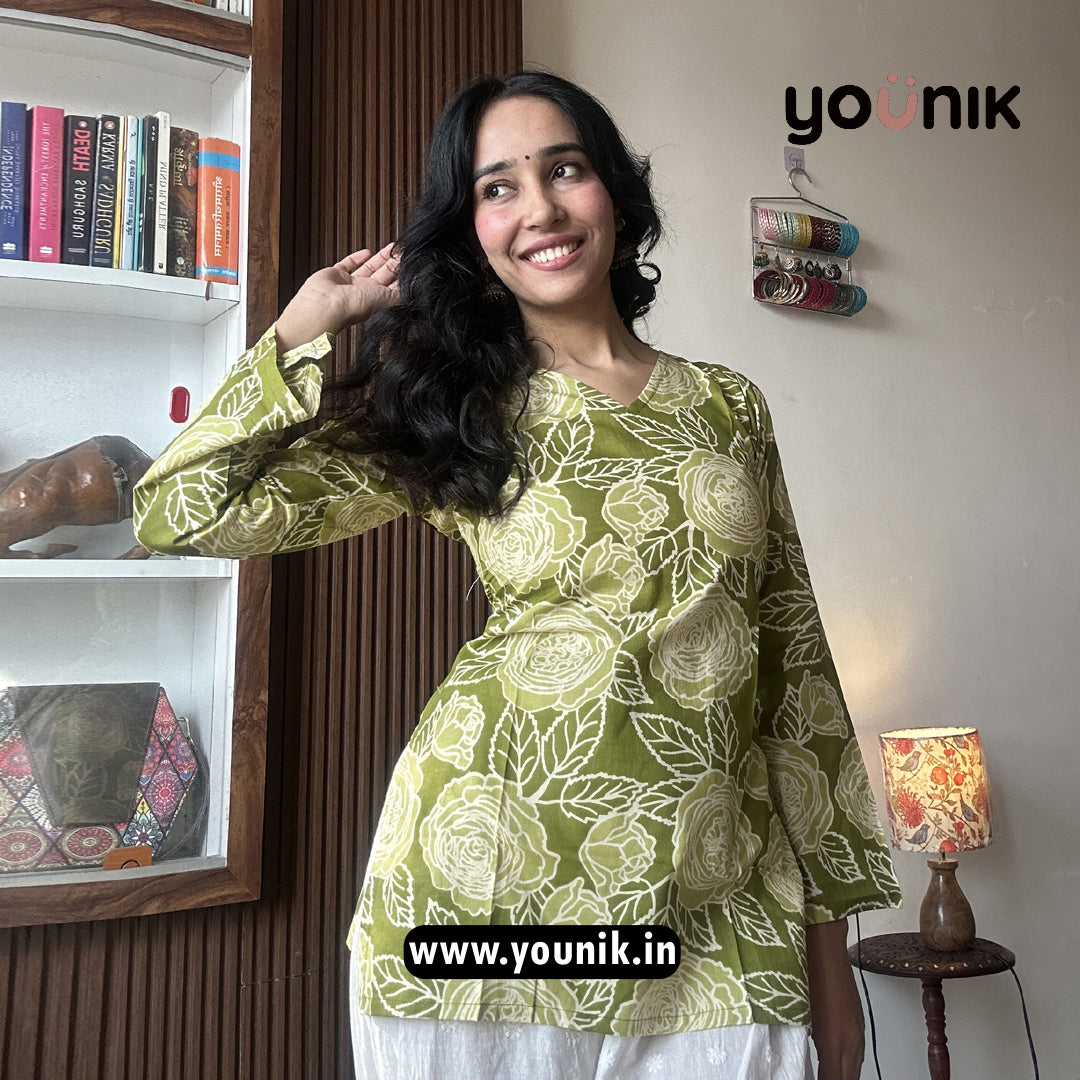 Olive Green Floral Printed Corset Back Pure Cotton Short Kurti