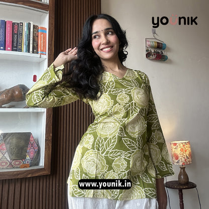 Olive Green Floral Printed Corset Back Pure Cotton Short Kurti