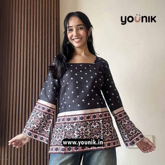 Black Bandhni Printed Corset Back Bell Sleeve Short Kurti