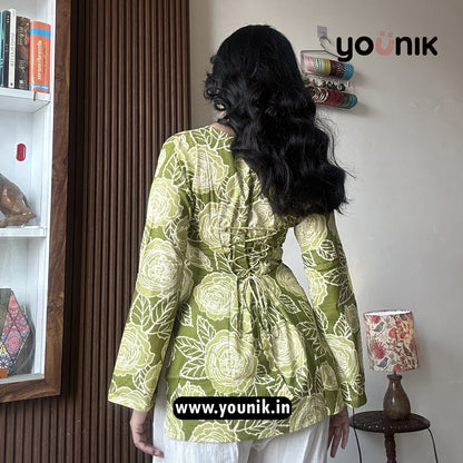 Olive Green Floral Printed Corset Back Pure Cotton Short Kurti