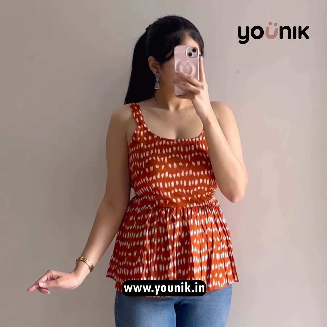 Rust Orange Abstract Printed Peplum Short Kurti