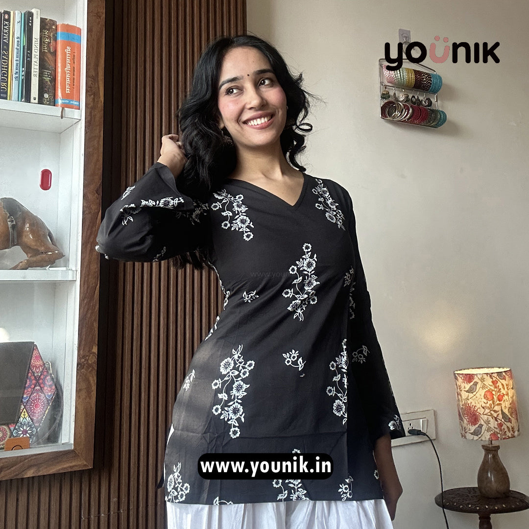 Black Floral Printed Corset Back  Short Kurti