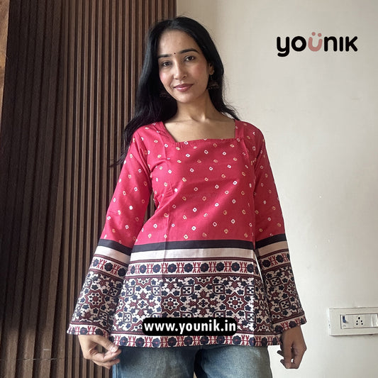 Pink Bandhni Printed Corset Back Bell Sleeve Short Kurti