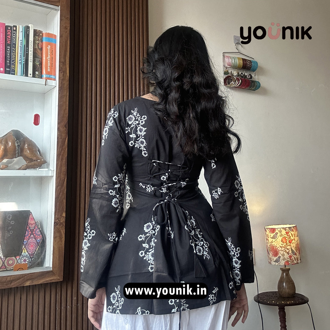 Black Floral Printed Corset Back  Short Kurti