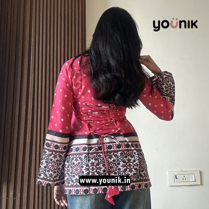 Pink Bandhni Printed Corset Back Bell Sleeve Short Kurti