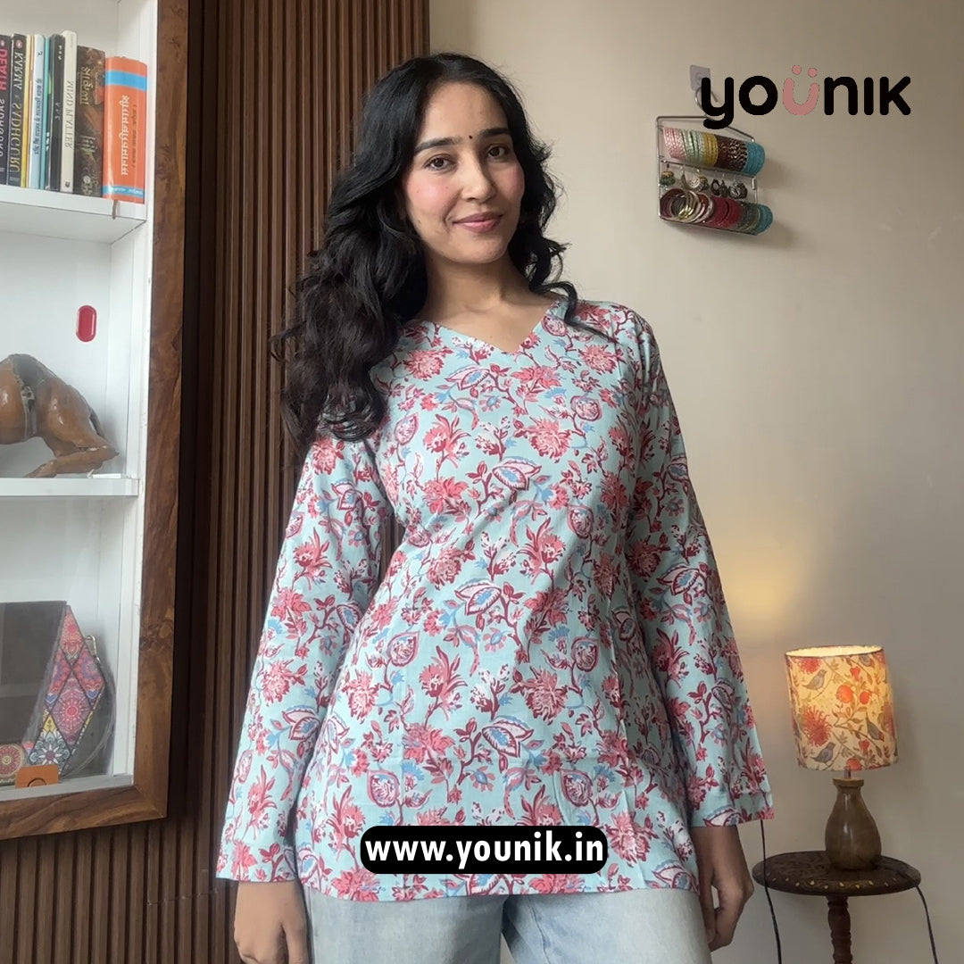 Sky Blue And Light Pink Floral Printed Corset Back Pure Cotton Short Kurti