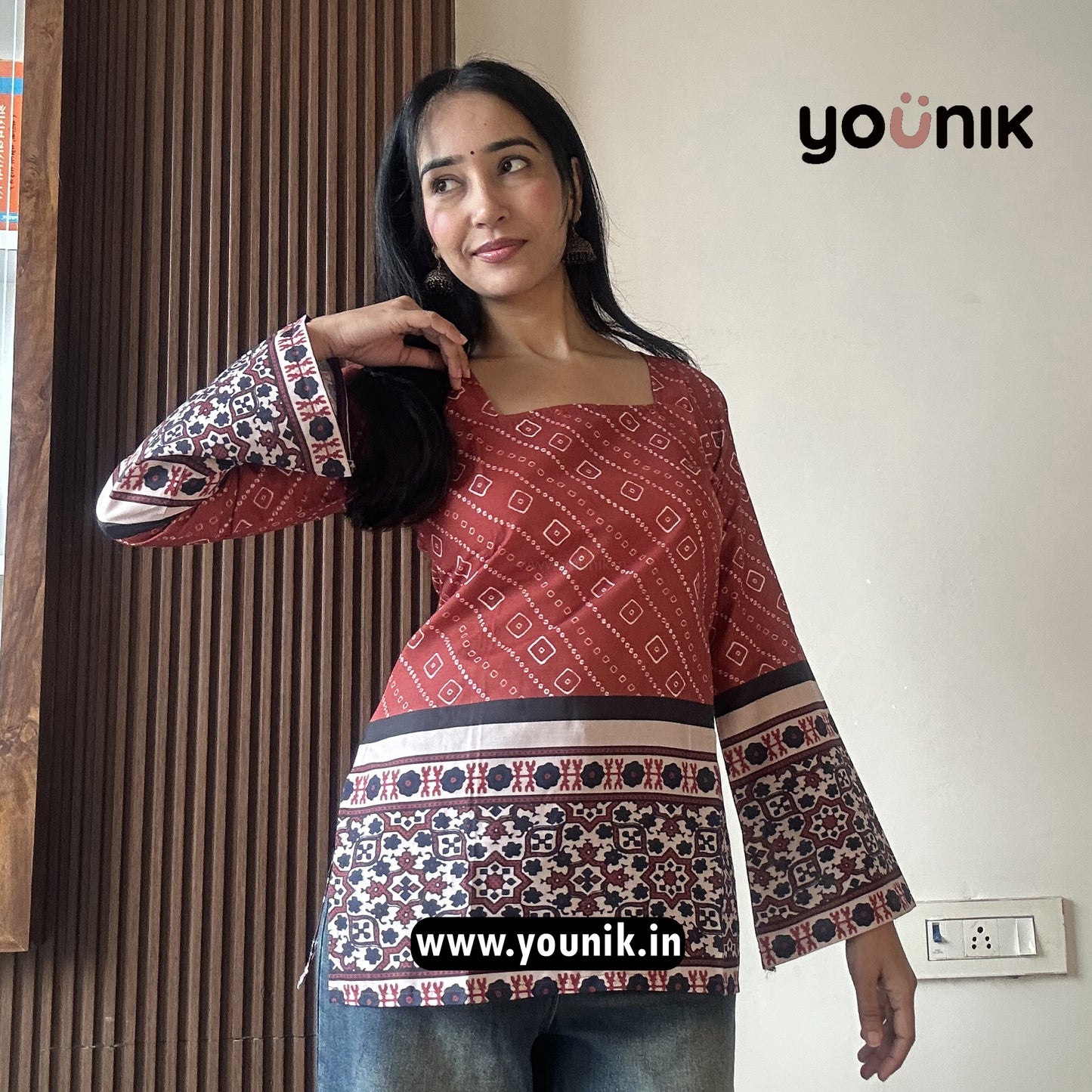 Rusty Bandhni Printed Bell Sleeve Corset Back Short Kurti