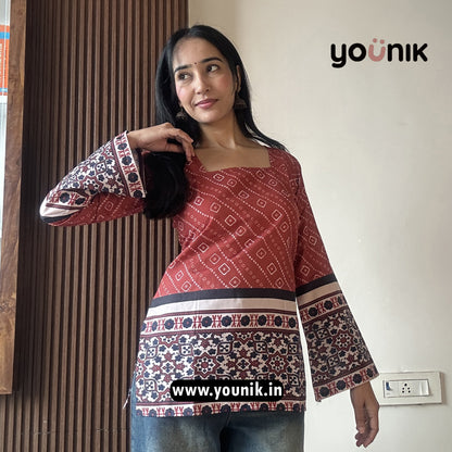 Rusty Bandhni Printed Bell Sleeve Corset Back Short Kurti