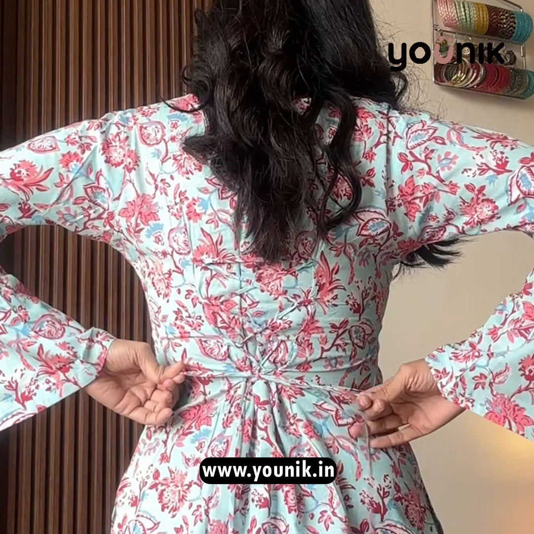 Sky Blue And Light Pink Floral Printed Corset Back Pure Cotton Short Kurti