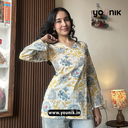 Ivory And Yellow Floral Corset Back Short Kurti