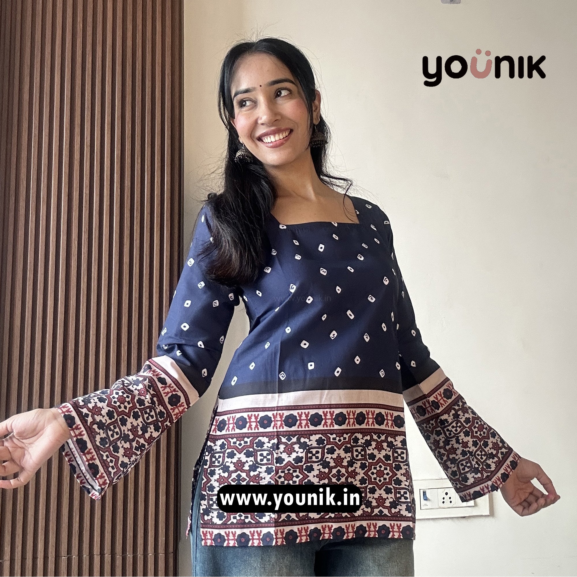 Navy Blue Bandhni Printed Bell Sleeve Corset Back Short Kurti – YOUNIK