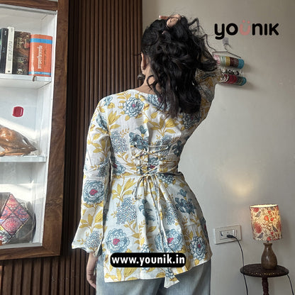 Ivory And Yellow Floral Corset Back Short Kurti