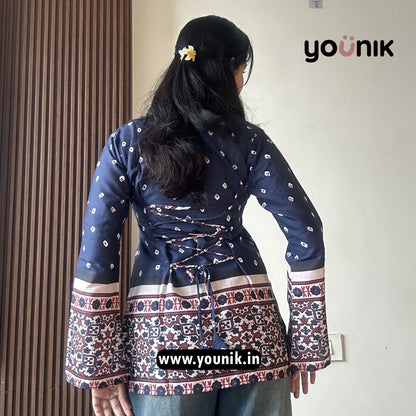 Navy Blue Bandhni Printed Bell Sleeve Corset Back Short Kurti