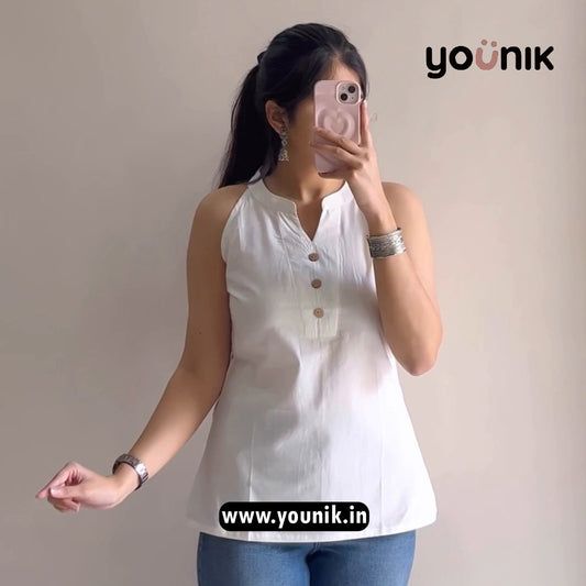 Off White Plain Pure Cotton Halter Neck Short Kurti