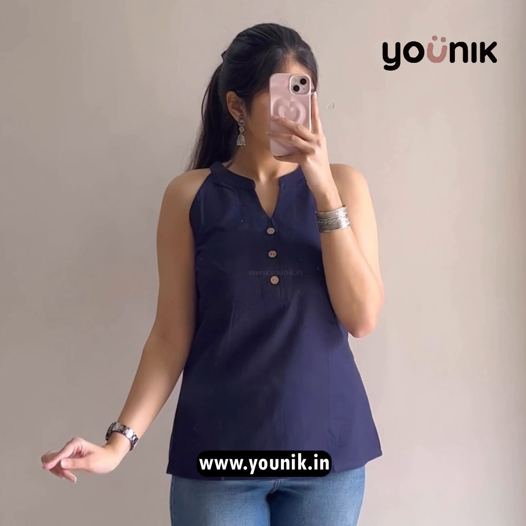 Navy Blue Plain Pure Cotton Halter Neck Short Kurti