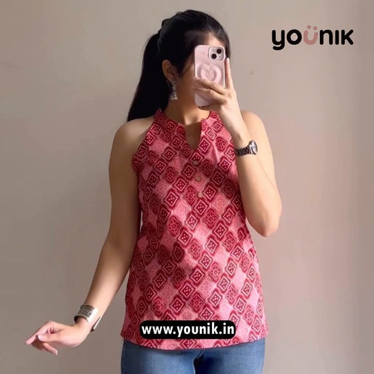 Pink Bandhni Inspired Printed Halter Neck Short Kurti