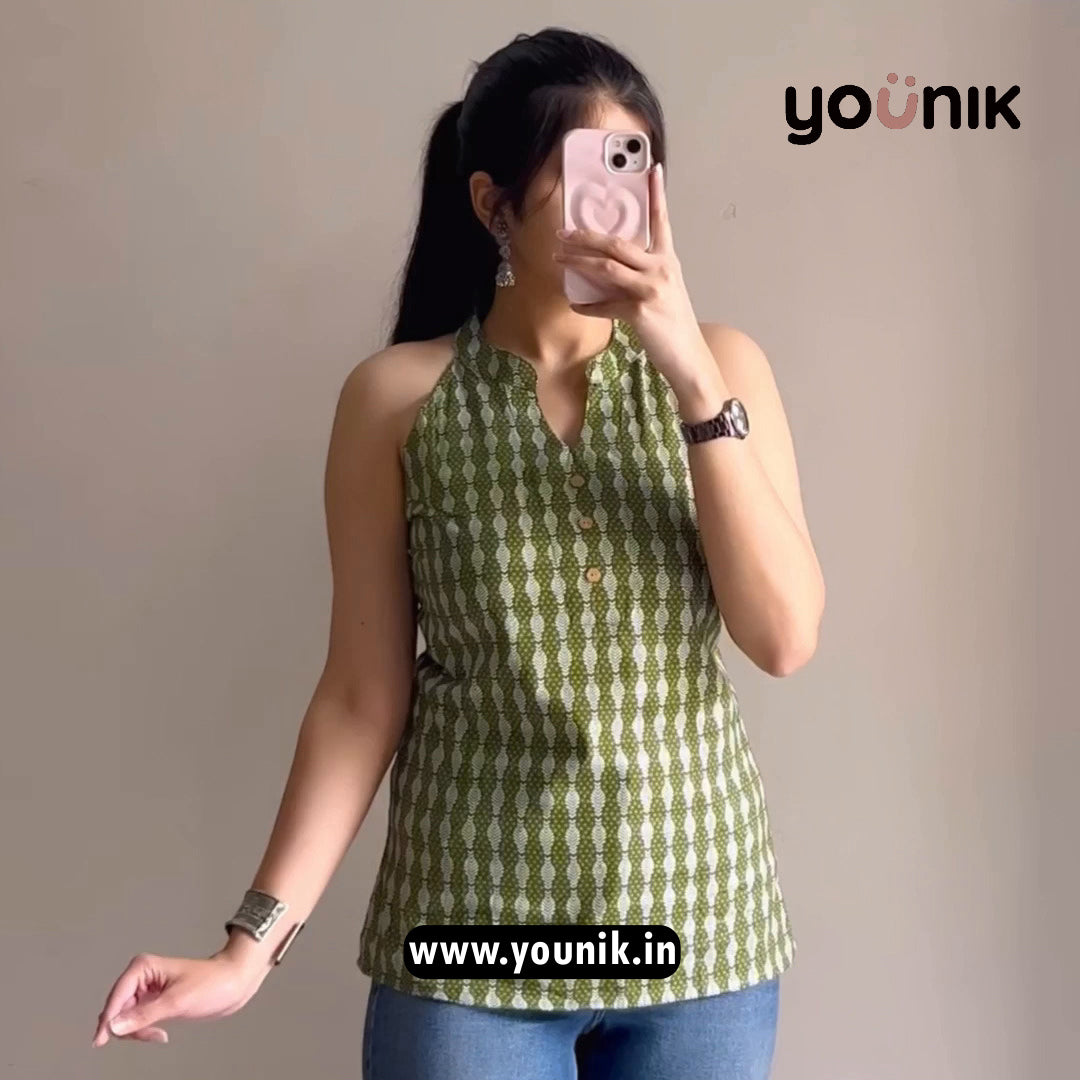 Olive Green Geometric Printed Halter Neck Short Kurti