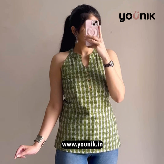 Olive Green Geometric Printed Halter Neck Short Kurti