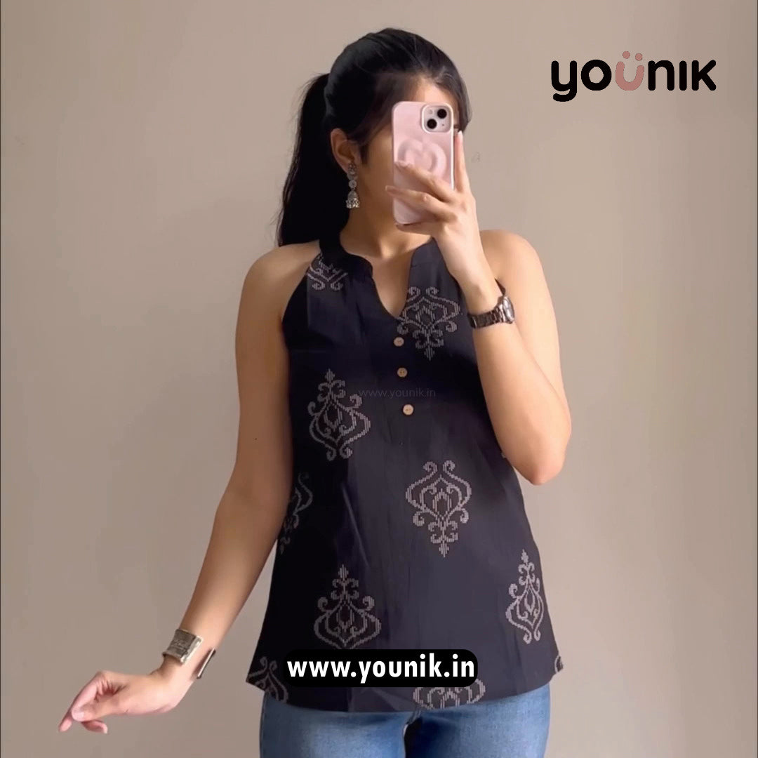 Black Ethnic Motif Printed Halter Neck Short Kurti