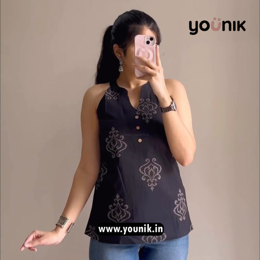 Black Ethnic Motif Printed Halter Neck Short Kurti