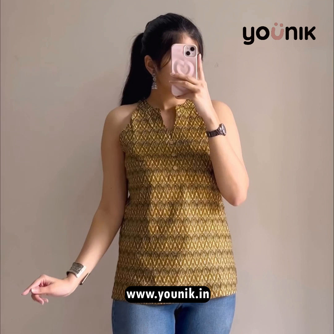 Mustard Printed Halter Neck Short Kurti