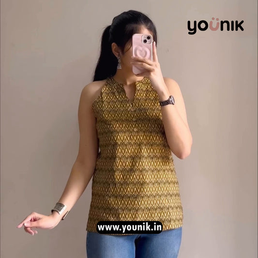 Mustard Printed Halter Neck Short Kurti