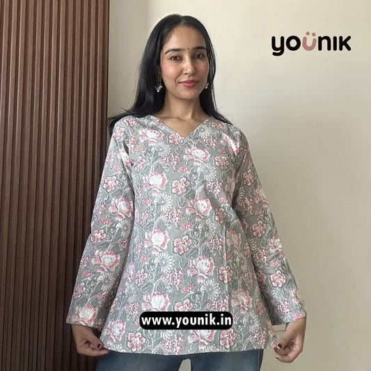 Light Gray Elegant Foil Printed Bell Sleeve Pure Cotton Short Kurti