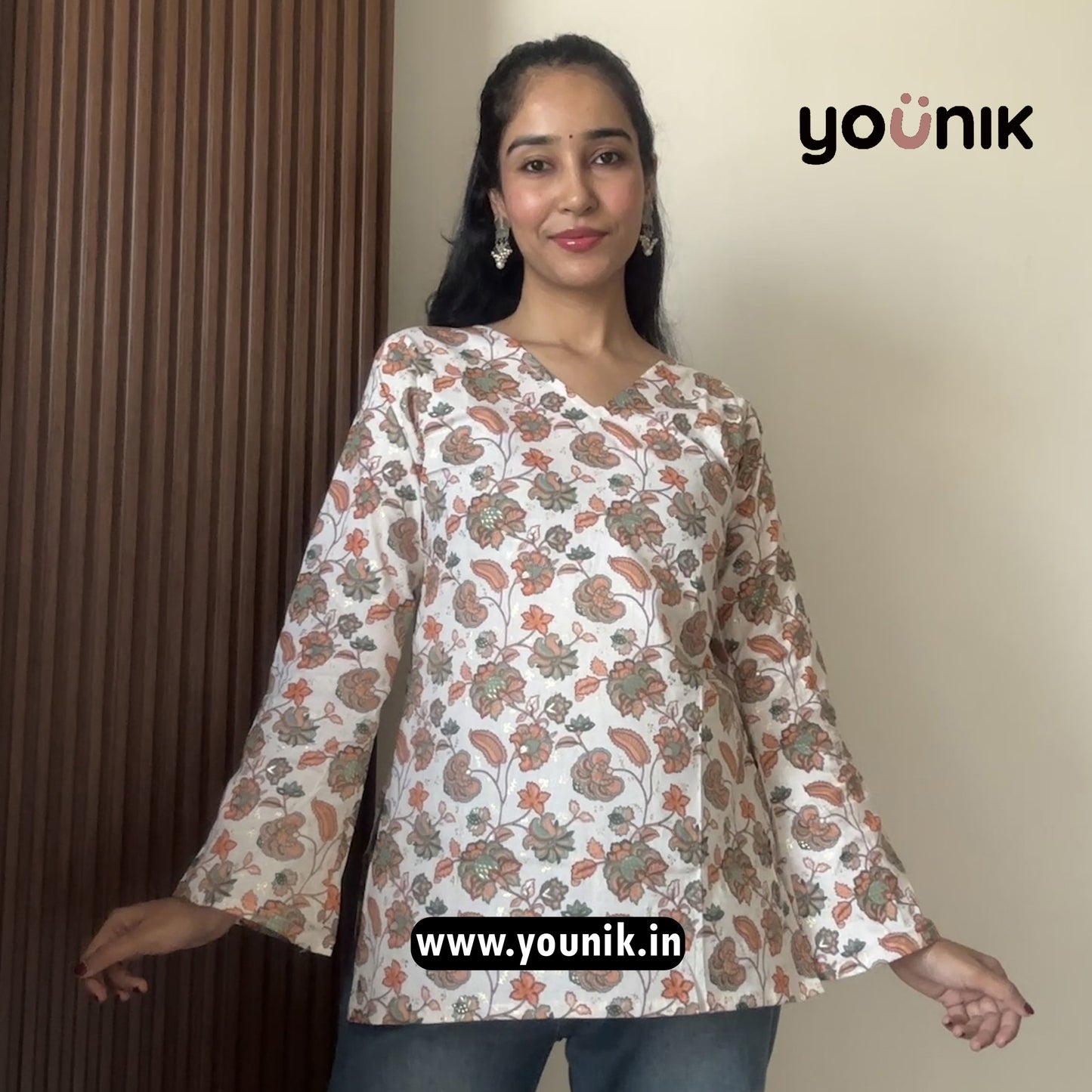 White And Orange Floral Printed Pure Cotton Bell Sleeve Short Kurti