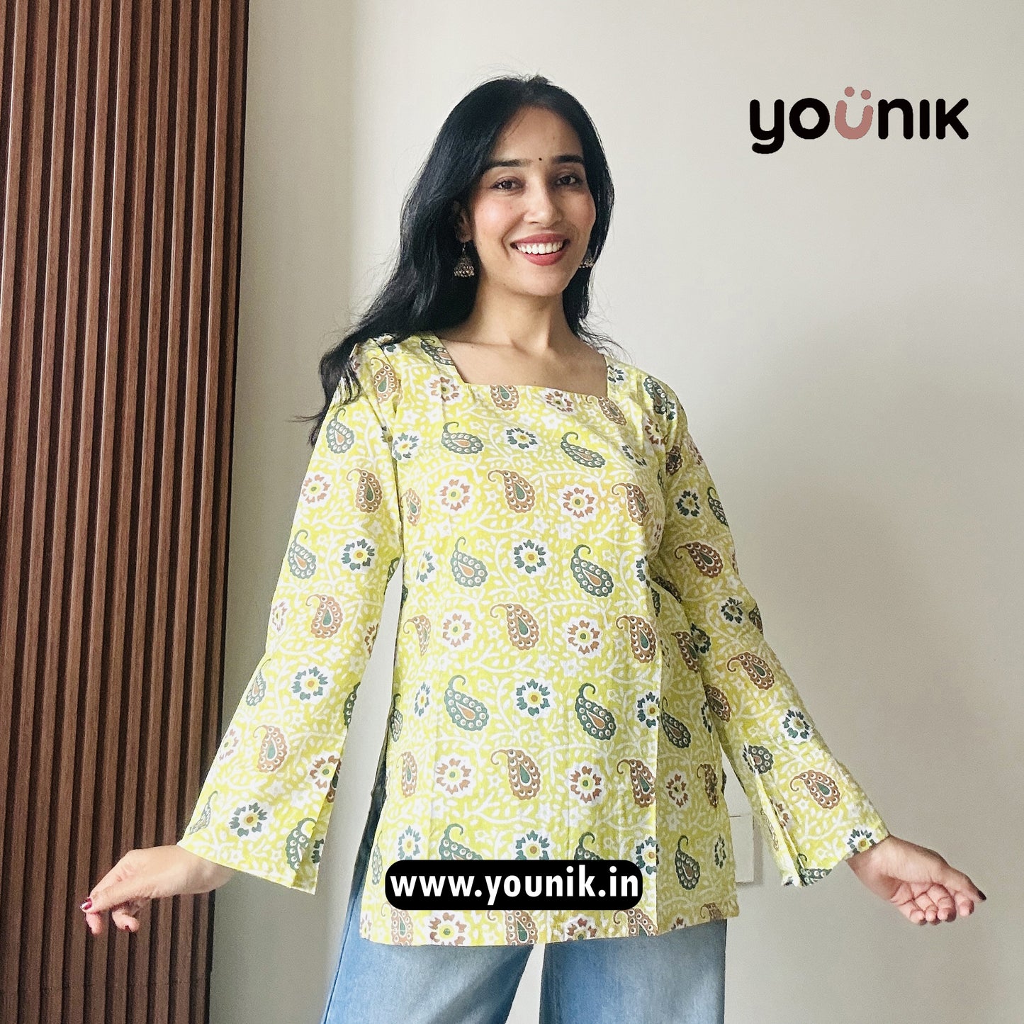 Light Yellow Printed Square Neck Bell Sleeve Short Kurti