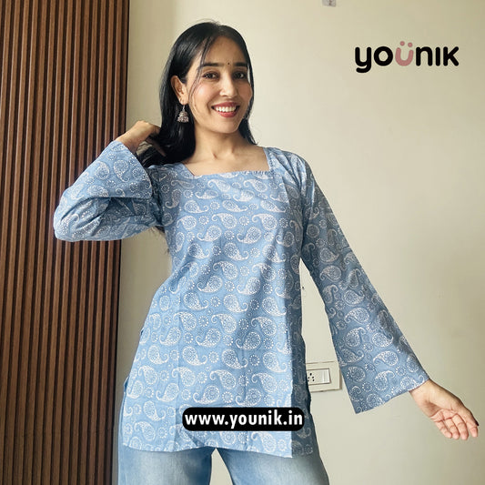 Light Blue Paisley Printed Bell Sleeve Short Kurti