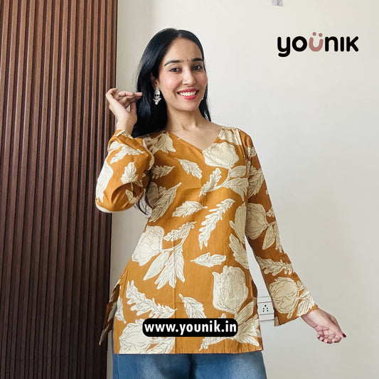 Mustard Floral Printed V Neck Bell Sleeve Short Kurti